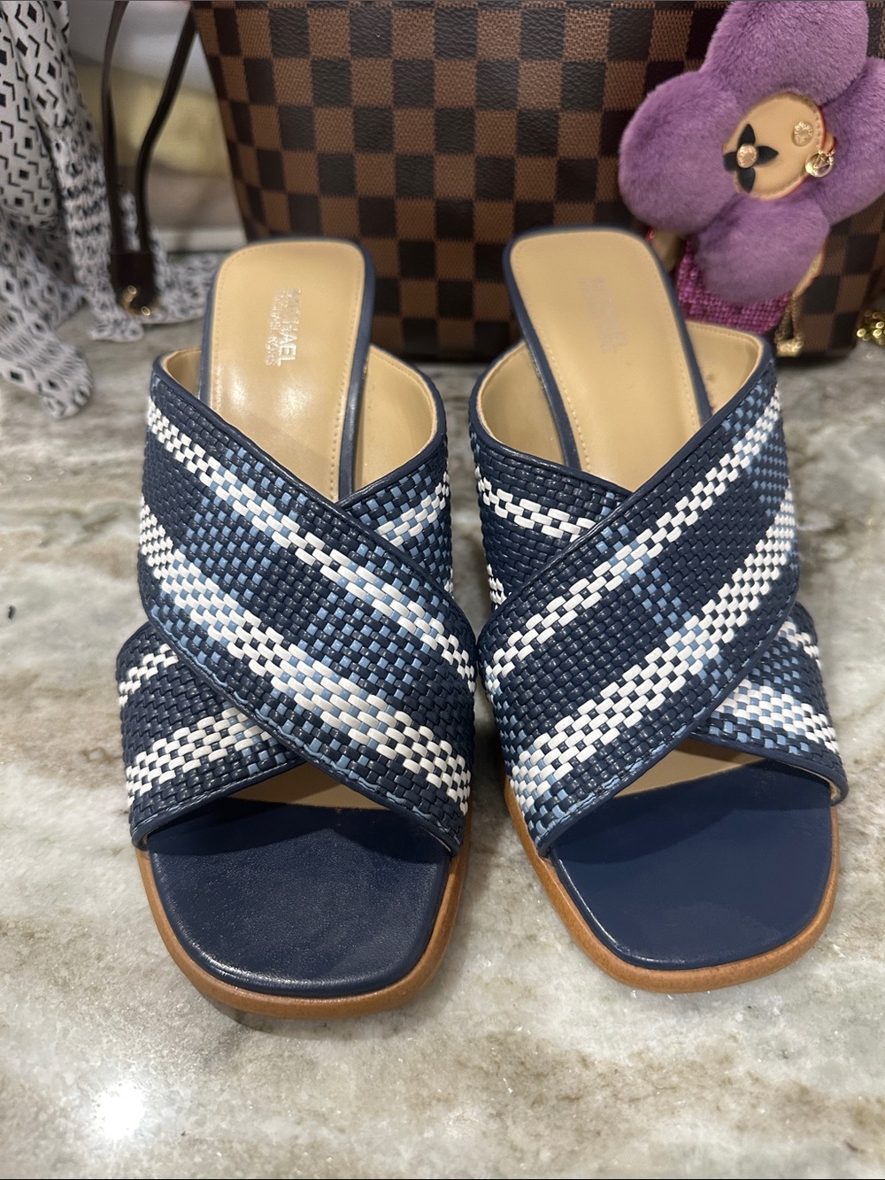 Michael Kors Navy and White Woven Crossband Slide Mules sz 9